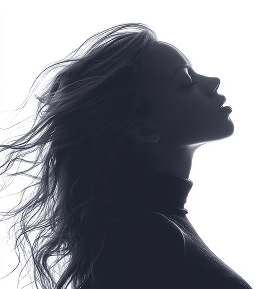 Bočni profil glamurozne žene sa razbarušenom, bujnom kosom, osenčenom dramatičnom senkom za elegantan efekat nakon sušenja