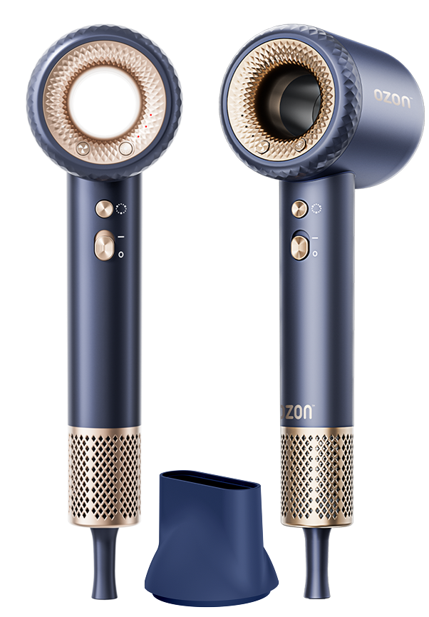 Prikaz prednje i zadnje strane Ozon Air Pro fena za kosu sa dodatkom usmerivača vazduha i informacijama o dimenzijama