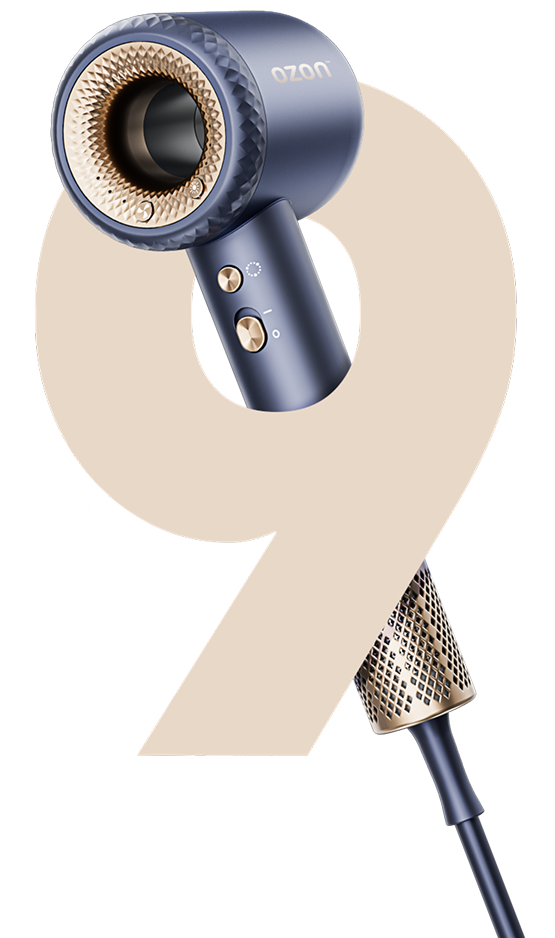 Plavi Ozon Air Pro fen, sa vizualno istaknutim brojem 9 koji označava broj dostupnih režima rada