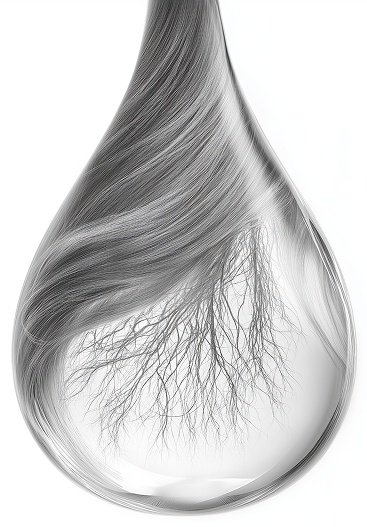 Kapljica sa vlasima kose unutar sebe, kao simbolična ilustracija zaštite kose od pregrevanja pri korišćenju Ozon Air Pro fena