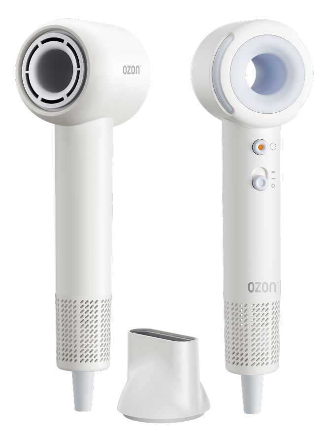 Prikaz prednje i zadnje strane Ozon Air Lite fena za kosu sa dodatkom usmerivača vazduha i informacijama o dimenzijama